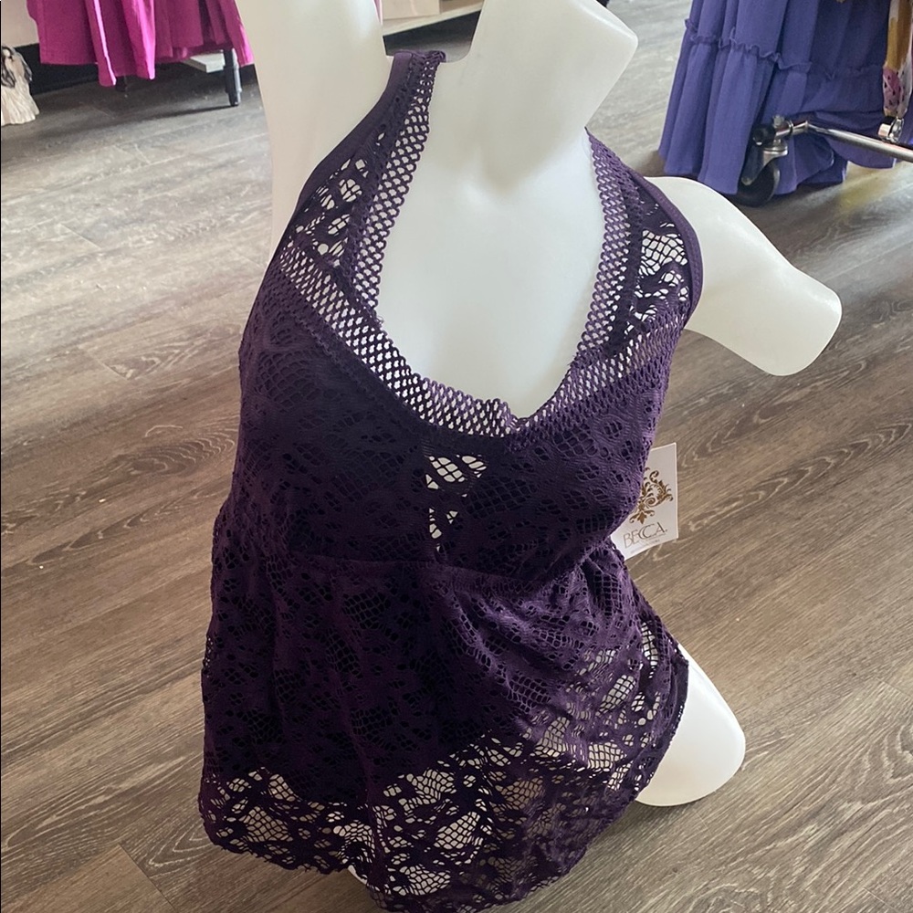 Becca Purple Crochet Plus Size Tankini Top Swimsuit Separates 1X 14 16 New